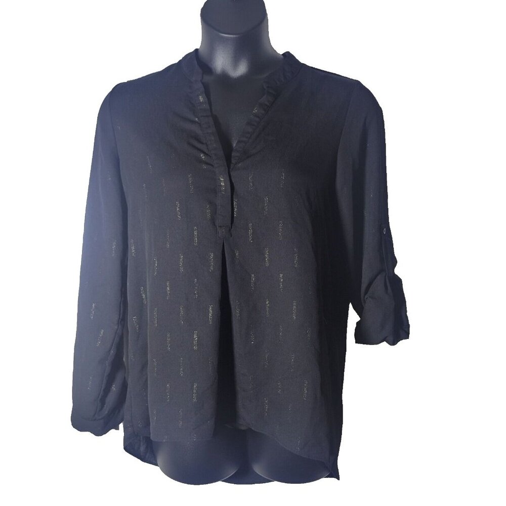 Everly Black Size Large Popover Sheer Blouse Roll Tab Sleeve Gold Abstract Print